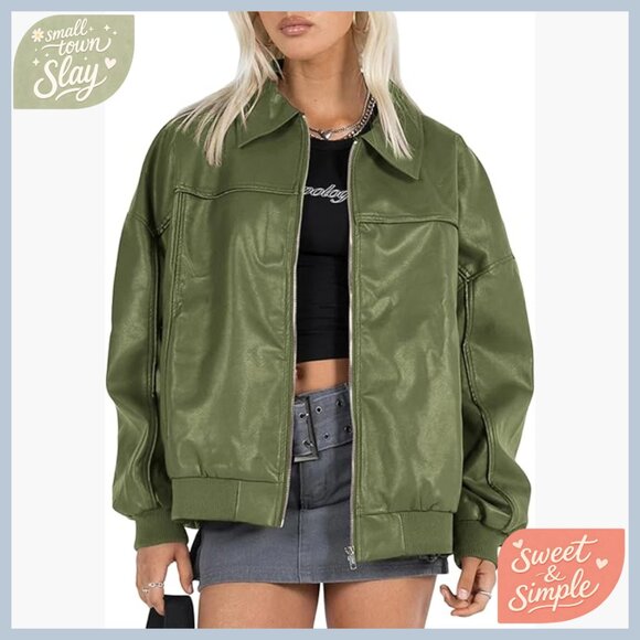 Jackets & Blazers - Oversized Faux Leather Bomber Jacket Long Sleeve Motorcycle Style